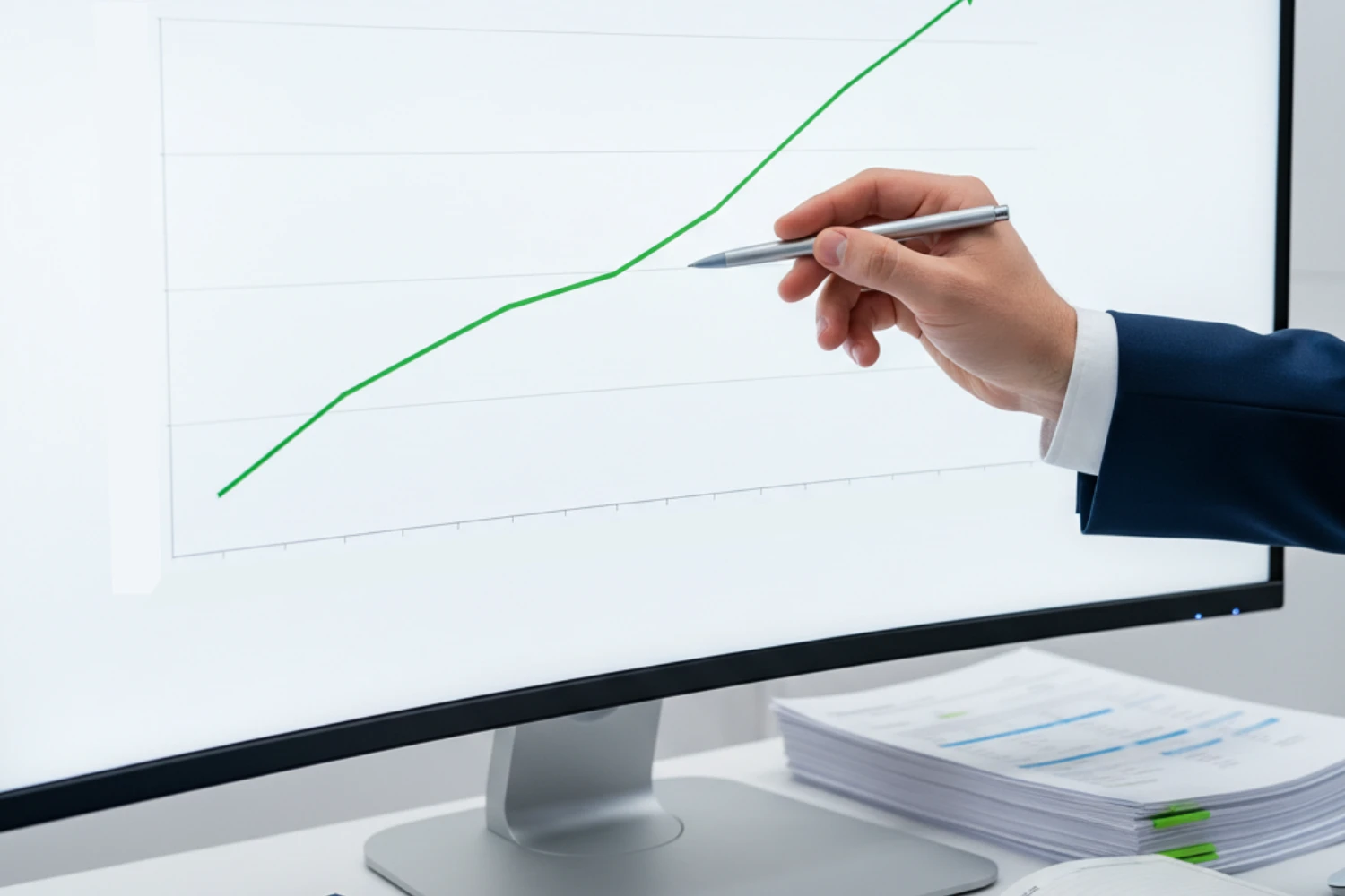 Professionelle Quoten-Analyse am Monitor mit aufsteigendem Trend-Graph für Value-Wetten