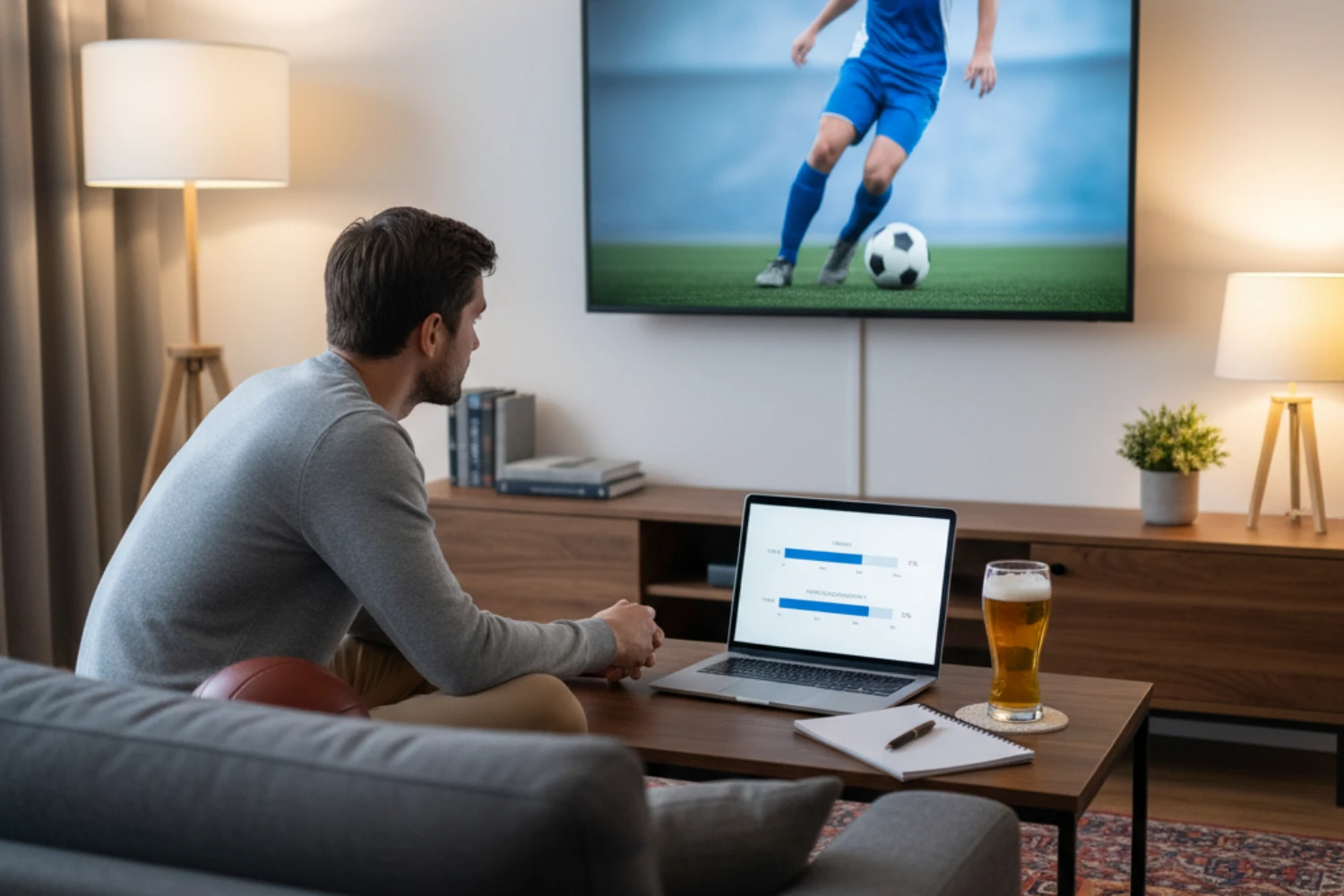Gründliche Bundesliga Spielanalyse mit TV-Übertragung und Statistik-Laptop im Wohnzimmer
