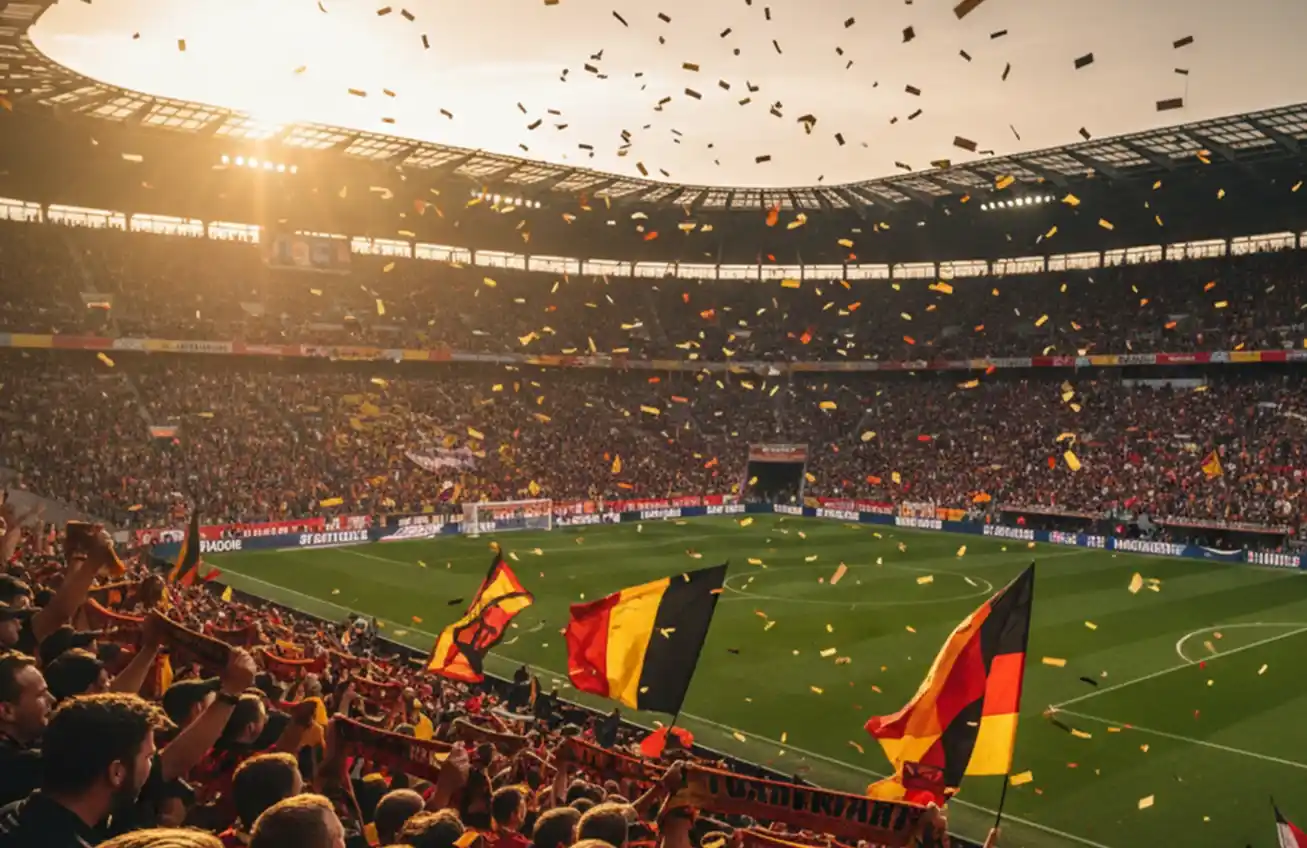 Bundesliga Stadion mit begeisterten Fans und elektrisierender Atmosphäre bei Sonnenuntergang