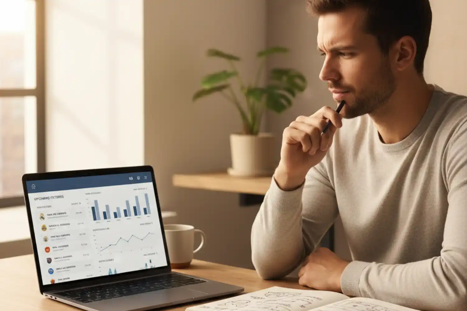 Person analysiert Bundesliga Spielpaarungen und w&auml;hlt passende Wettart am Laptop