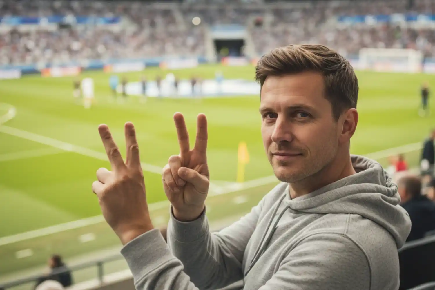 Fu&szlig;ballfan betrachtet Spielfeld mit zwei markierten Optionen f&uuml;r Doppelte Chance Wette