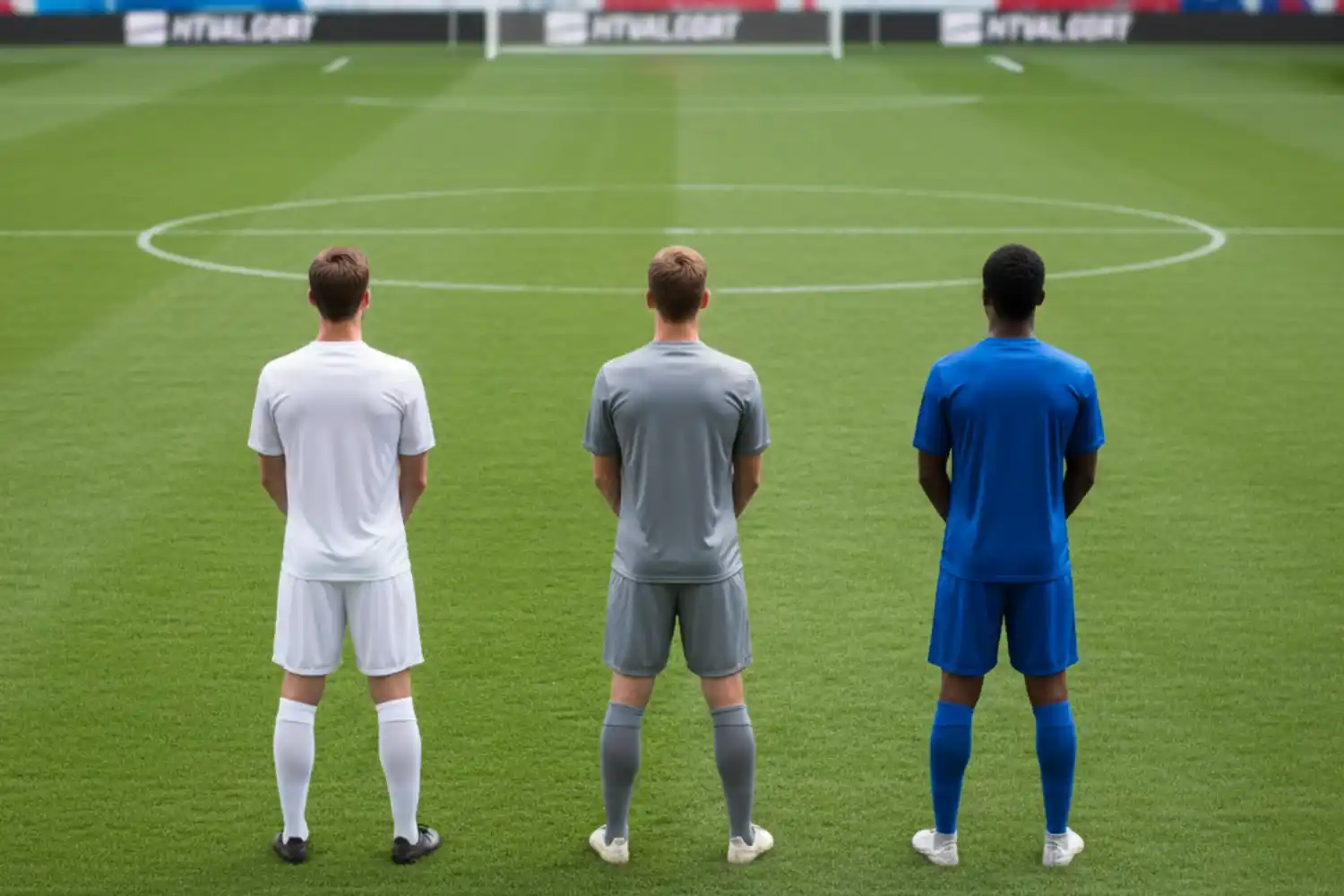 Drei Fu&szlig;ballspieler symbolisieren die Dreiweg-Wette mit Heimsieg Unentschieden und Ausw&auml;rtssieg