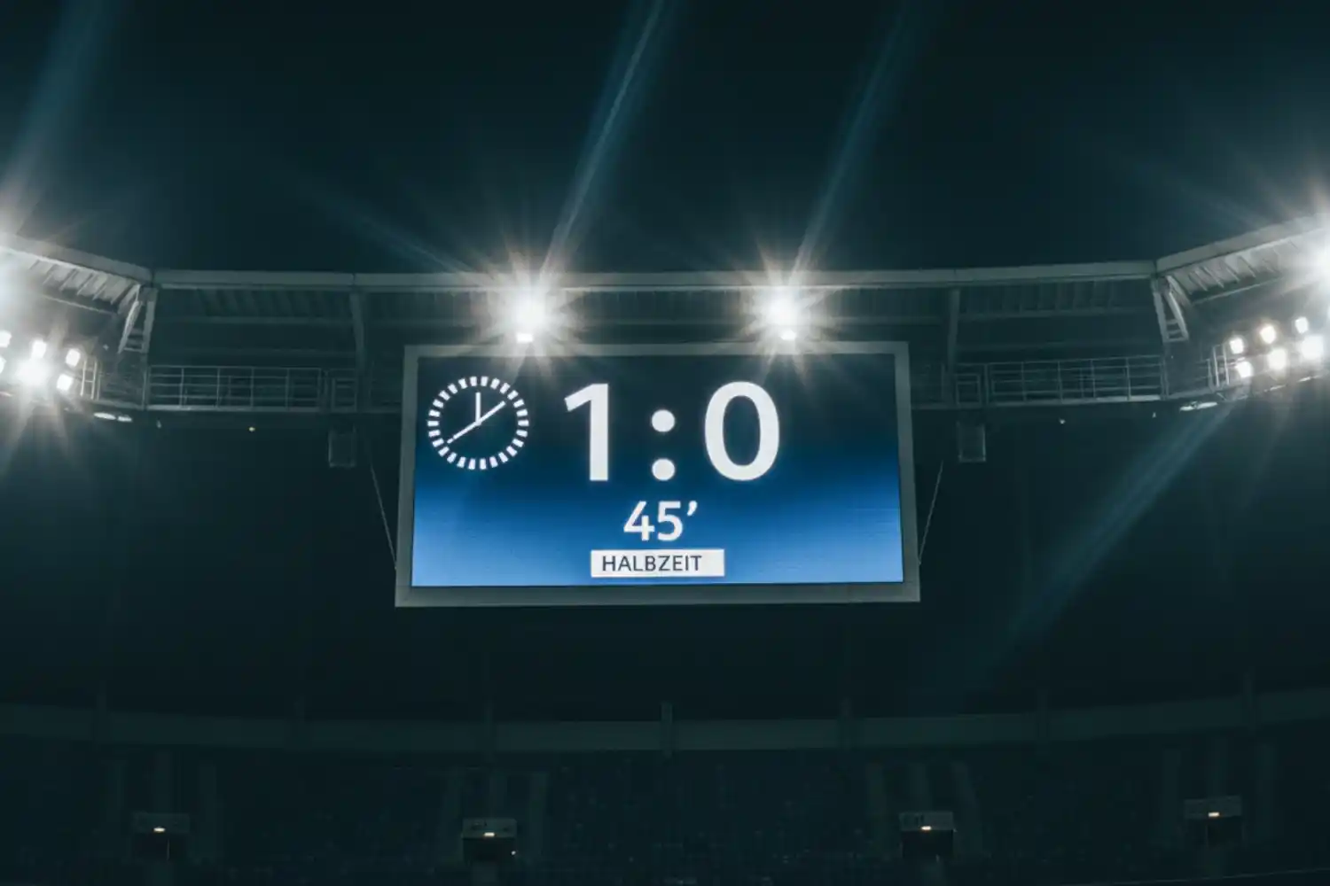 Anzeigetafel im Stadion zeigt Halbzeitstand und Endstand eines Bundesliga Spiels